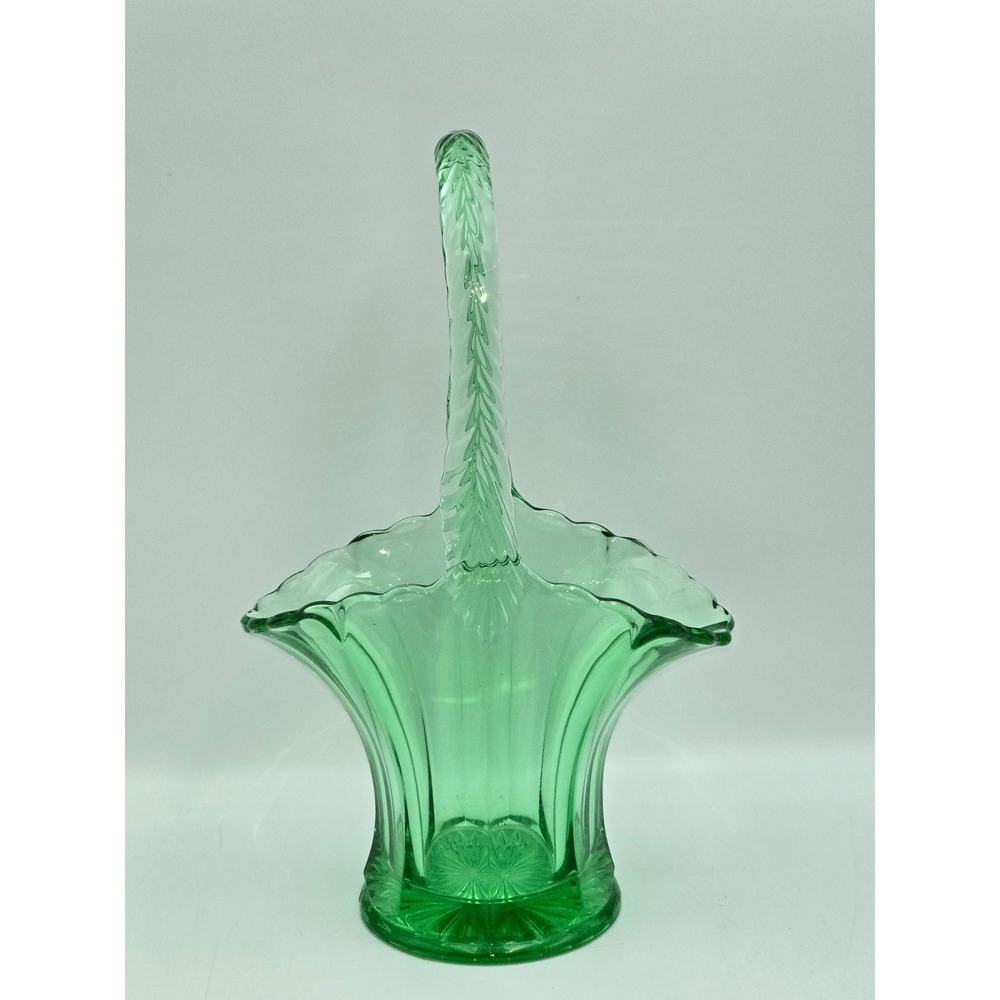 Vintage Green Glass Ruffled Basket Home Decor 10.5in Excellent Ribbed Pattern